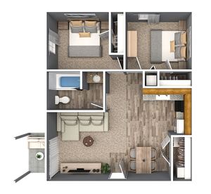 Modern 2D floor plan showcasing two cozy bedrooms, an inviting open-concept living area, stylish kitchen, elegant bathroom, and a charming balcony.