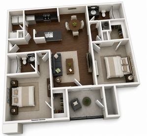 Modern 3D floor plan showcasing 2 spacious bedrooms, cozy living room, elegant dining area, and fully equipped kitchen with wood flooring.