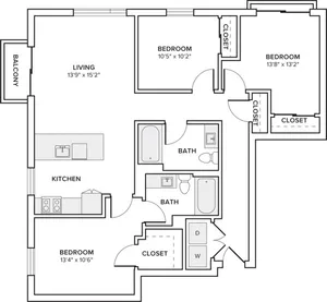 1228-1229 square foot three bed two bath apartment floor plan in Seattle, WA