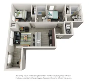 Modern L-shaped floor plan featuring two cozy bedrooms, two bathrooms, a spacious open-plan living area, and a stylish kitchen with a breakfast bar. Includes in-unit washer and dryer.