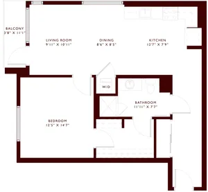 Stylish apartment floor plan featuring one bedroom, spacious living room, dining area, kitchen, bathroom, and balcony.