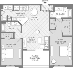 The Siena two bedroom two bathroom floor plan, 1,289 sq. ft.