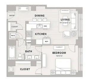 Modern floor plan A7 featuring 1 spacious bedroom and bath, open-concept living, dining, and kitchen area, 925 sq ft. Located in The Star Houston with easy access and stylish urban living.