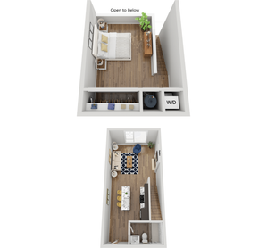 3D floor plan of a stylish duplex with a bedroom, open living area, and modern kitchen layout.