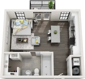 Modern studio apartment layout featuring an inviting open-concept living area, sleek kitchen with island seating, cozy bedroom, and stylish bathroom. Includes balcony access for relaxation.