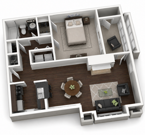 Modern 3D floor plan featuring a cozy bedroom, open living area, stylish kitchen with island, and elegant dining space.