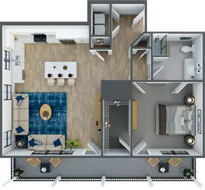 Chic floor plan showcasing a spacious one-bedroom apartment with an open-concept living area, modern kitchen, and stylish balcony.