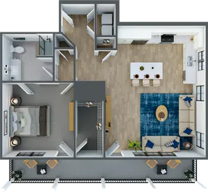 Modern floor plan featuring one bedroom, spacious open-concept kitchen with an island, cozy living area, and a private balcony for outdoor relaxation.