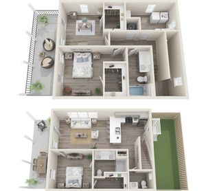 Elegant 3D floor plan showcasing a two-story apartment with 2 bedrooms, a spacious living room, and an open kitchen, featuring two balconies and a private green backyard.