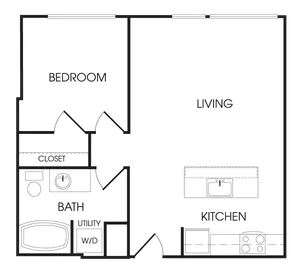 Modern floor plan showcasing a spacious 1-bedroom apartment with open-concept living and kitchen area, complete with bathroom and utility closet.