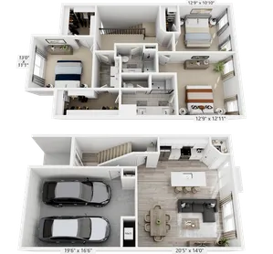 Elegant two-story floor plan showcasing 3 spacious bedrooms, an inviting open-concept living area, gourmet kitchen, and a double garage.