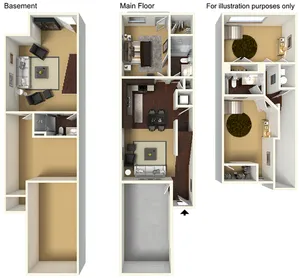 3D floor plan showcasing a stylish multi-level apartment with a spacious basement, contemporary main floor with open-concept living and dining area, and an upper level featuring cozy bedrooms and modern bathrooms.