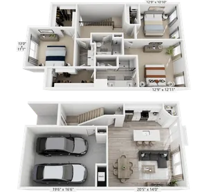 3D floor plan of a spacious two-story townhouse featuring three bedrooms, an open-concept kitchen, dining, and living area, and a two-car garage.
