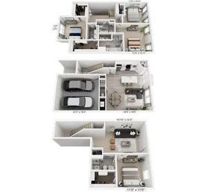Modern 3D floor plan showcasing a spacious three-level layout with two-car garage, open-concept living and dining area, stylish kitchen, two bedrooms, and a cozy family room.