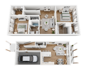 Chic multi-level floor plan featuring 3 bedrooms, stylish living and dining areas, modern kitchen, and integrated garage layout.