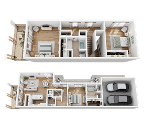 Elegant 3D floor plan illustrating a modern two-story apartment with 3 bedrooms, 3 bathrooms, a spacious open-concept kitchen and living area, and a 2-car garage.