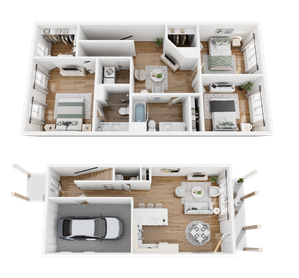 Modern two-story floor plan showcasing three bedrooms, an open living area, spacious kitchen, and an integrated garage.