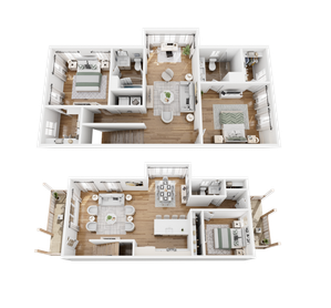 Modern townhouse floor plan showcasing two levels with three luxurious bedrooms, open-concept living and dining areas, and a sleek, spacious kitchen. Features include elegant wood flooring and expansive windows for natural light.