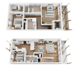 Elegant 3D floor plan showcasing two-story layout with 3 bedrooms, modern kitchen, open-concept living room, and spacious balconies.