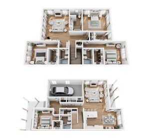 Elegant 3D floor plan featuring a modern two-story layout with 3 bedrooms, a spacious open-concept living and dining area, and a convenient attached garage.