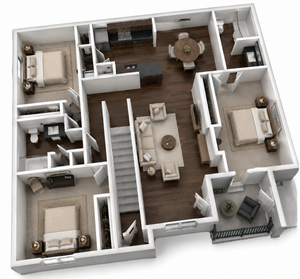 Elegant and modern floor plan featuring three bedrooms, a spacious open-concept living area, stylish kitchen, and a cozy balcony.
