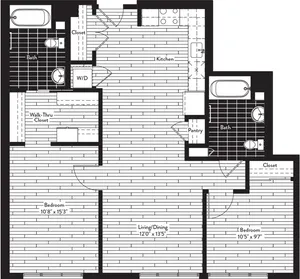 1026 square foot two bedroom two bath floor plan image