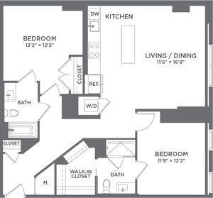 Contemporary floor plan showcasing 2 bedrooms, 2 bathrooms, a spacious living/dining area, and a modern kitchen with island.