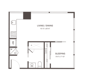 Modern studio floor plan featuring spacious living and dining area, compact kitchen, convenient bathroom, and cozy sleeping space.