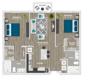 Modern floor plan showcasing 2 spacious bedrooms with walk-in closets, stylish living room, well-equipped kitchen, and balcony.