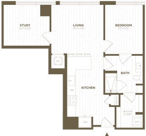 Modern apartment floor plan featuring 1 bedroom, spacious study, open-concept living and kitchen area, and convenient walk-in closet.