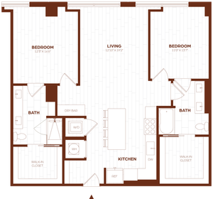 Contemporary 2D floor plan featuring two spacious bedrooms, open living area, modern kitchen with island, two bathrooms, walk-in closets, and convenient laundry space.
