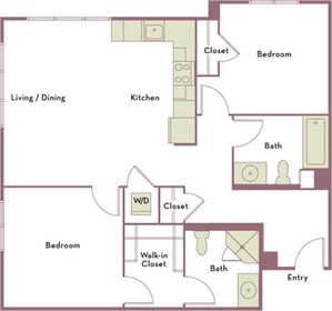1,002 square foot two bedroom two bath apartment floorplan image