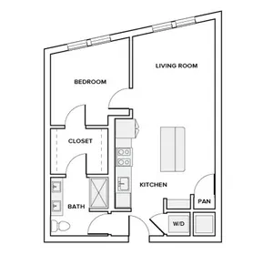 753 square foot one bedroom one bath apartment floor plan in Houston, TX