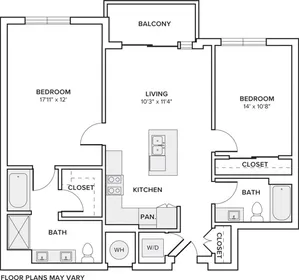 1027 square foot two bedroom two bath apartment floorplan image
