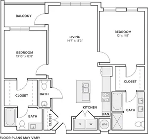 1155 square foot two bedroom two bath apartment floorplan image