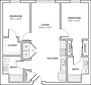 979 square foot two bed two bath apartment floor plan in Seattle, WA