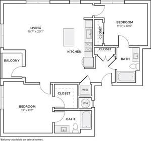 1023 square foot two bedroom two bath apartment floorplan image
