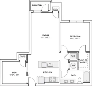 884 square foot one bedroom plus den with  two bath apartment floorplan image