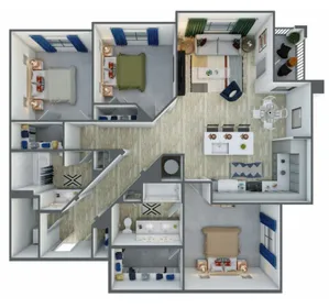 Inviting floor plan showcasing 3 bedrooms, modern open-concept living area, and sleek kitchen with dining space and balcony access.