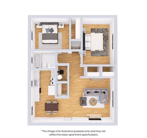 Modern 2D floor plan showcasing 2 spacious bedrooms, a stylish open-concept living and dining area, and a sleek kitchen.