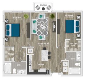 Modern 2-bedroom apartment floor plan with spacious living room, open kitchen, and private balcony.