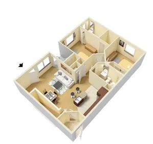 Inviting floor plan showcasing 2 bedrooms, cozy living room, and modern kitchen with breakfast bar seating.