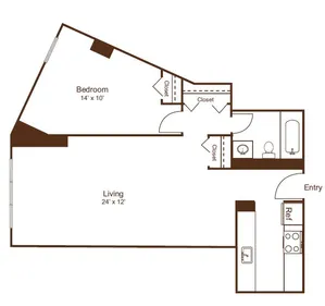 Spacious 1-bedroom apartment floor plan with integrated living area, modern kitchen, ample closets, and stylish bathroom.