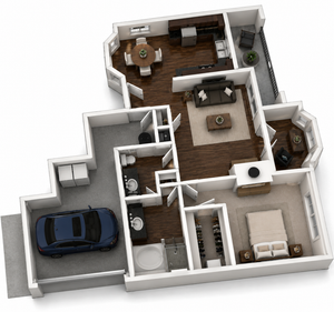 Modern 3D floor plan showcasing a comfortable one-bedroom apartment with an open living area, stylish kitchen, two bathrooms, and convenient garage space.
