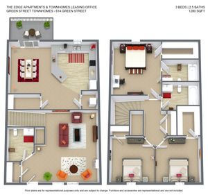 Modern two-story floor plan of 614 Green Street featuring 3 bedrooms, 2.5 baths, a spacious open living area, and a stylish kitchen with dedicated dining space, totaling 1280 sq ft.