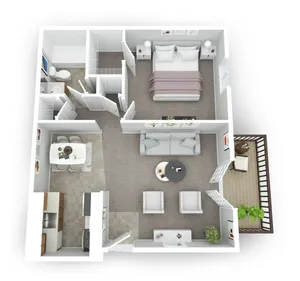 Modern open-concept floor plan featuring a spacious bedroom, inviting living area, stylish kitchen, and cozy balcony.