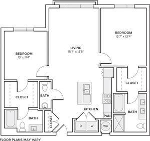 1185 square foot two bedroom two bath apartment floorplan image