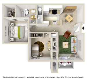 two-bedroom, one- bathroom 3D Floor plan rendering