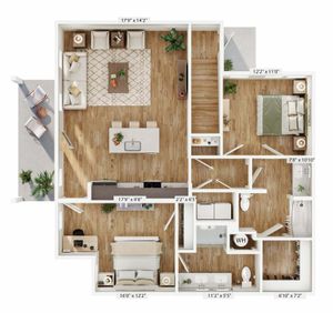 Elegant floor plan featuring 2 spacious bedrooms, an open-concept living and dining area, modern kitchen, and two bathrooms.
