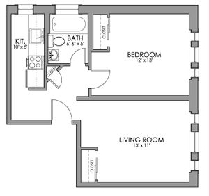 Chic floor plan with one bedroom, a spacious living room, compact kitchen, and modern bath.